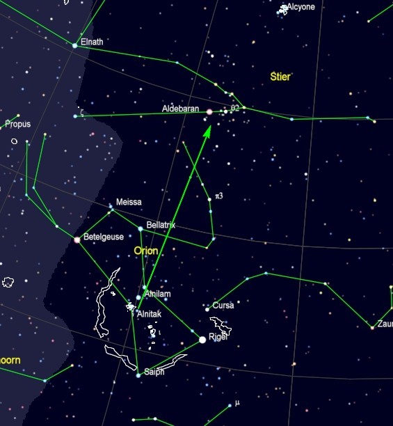 Zoekkaart voor Aldebaran in het sterrenbeeld taurus - Stier
