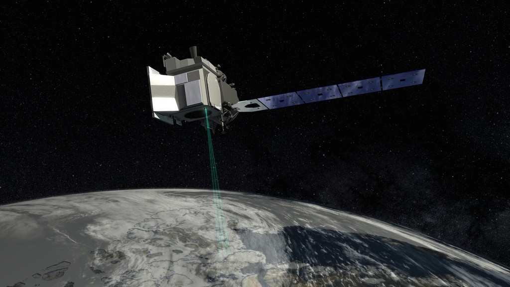 Artist impression van de ICESat-2 in een baan om de Aarde.