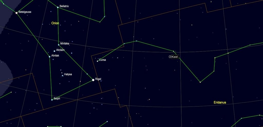 Zoekkaart voor de ster Kkeid in het sterrenbeeld Eridanus