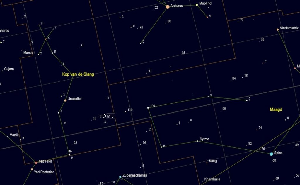 Zoekkaartje voor M5 in het sterrenbeeld erpens - Slang