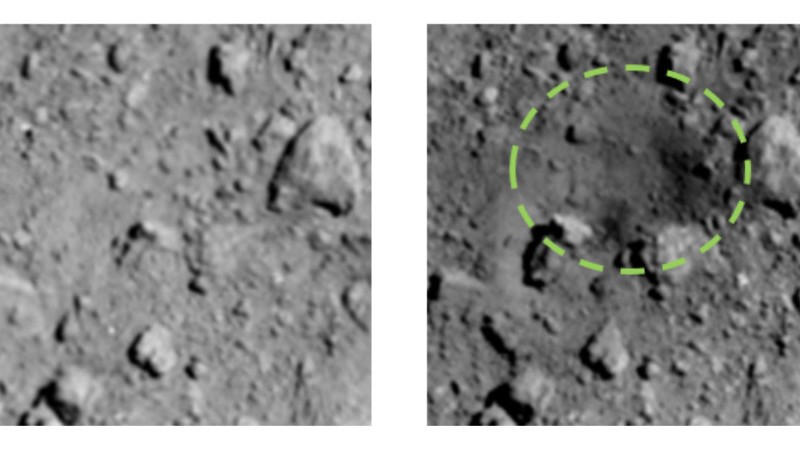 Links: het oppervlak voor de explosie. Rechts: de krater na de explosie. Credit: JAXA 