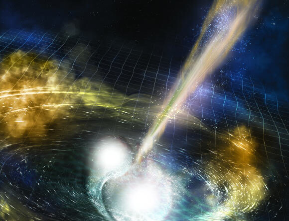 Artist impression van twee botsende neutronensterren