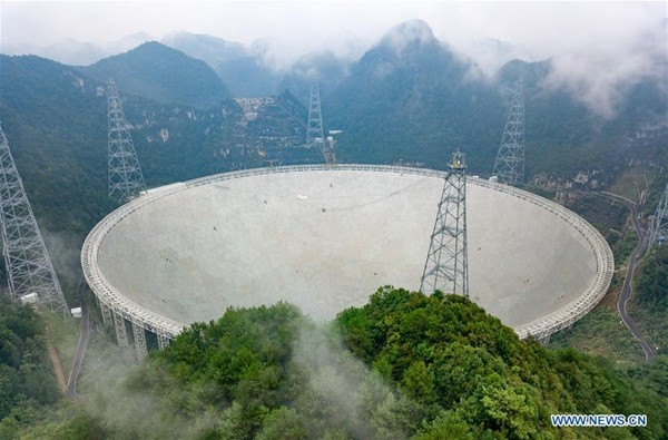 De 500 meter grote FAST radiotelescoop in de Chinese provincie Guizhou.