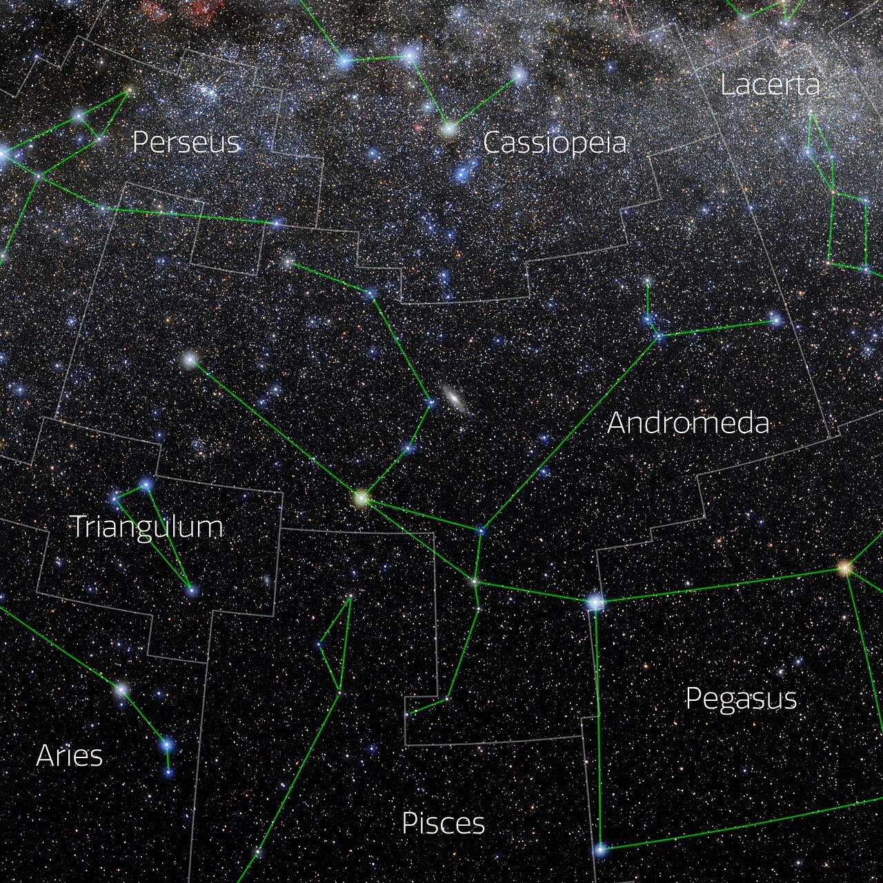 Foto van het sterrenbeeld Andromeda met annotaties