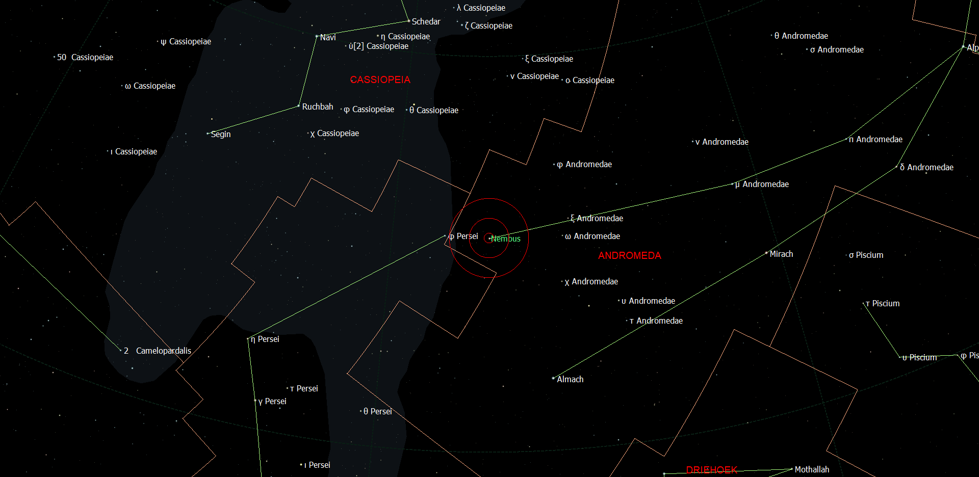 Positie van Nembus - 51 Andromedae in het sterrenbeeld Andromeda.