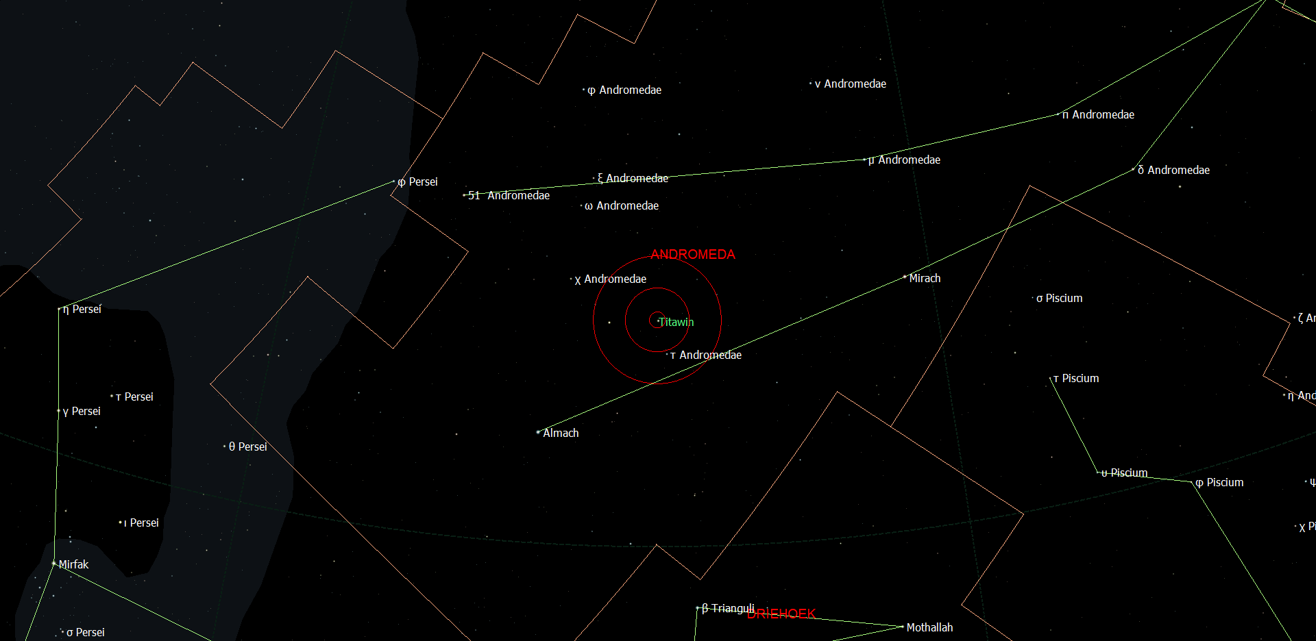 Positie van Titawin - Upsilon Andromedae in het sterrenbeeld Andromeda.