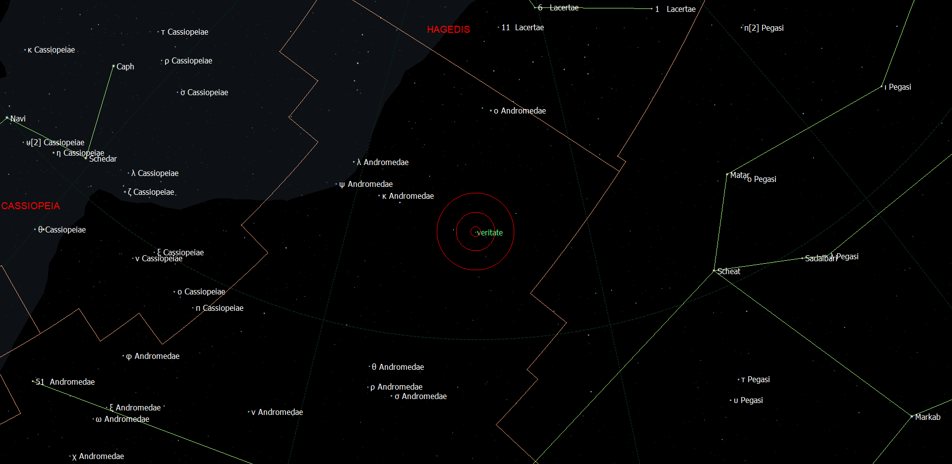 De positie van Veritate - 14 Andromedae in het sterrenbeeld Andromeda.