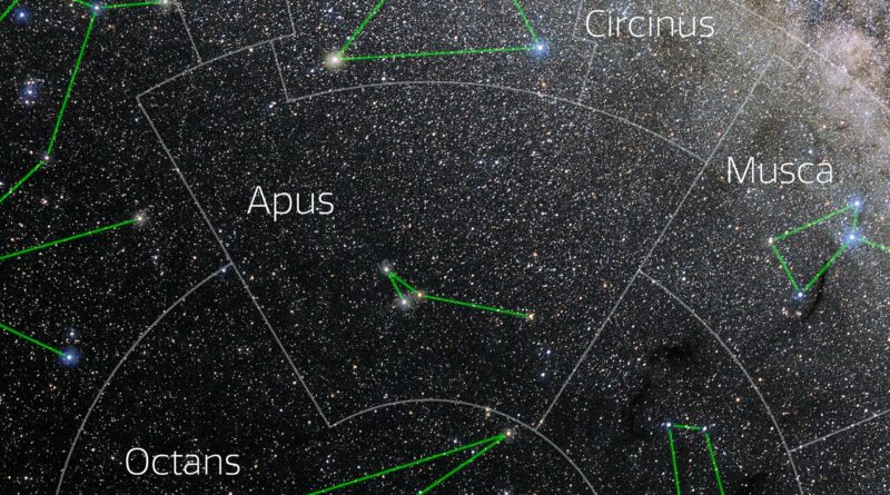 Foto van het sterrenbeeld Apus - Paradijsvogel met annotaties van de IAU en Sky & Telescope.