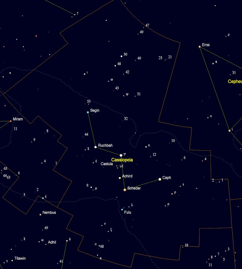 Cassiopeia met de namen van de sterren