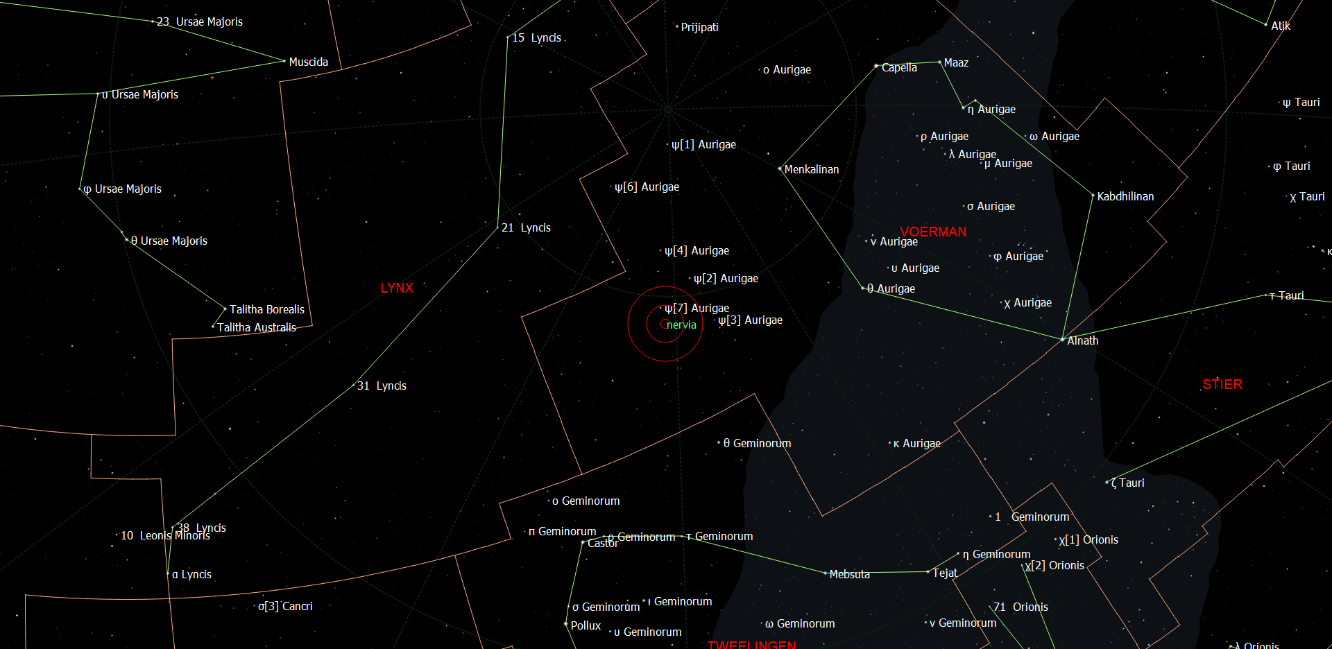 De positie van Nervia - HD 49674 in het sterrenbeeld Auriga - Voerman.