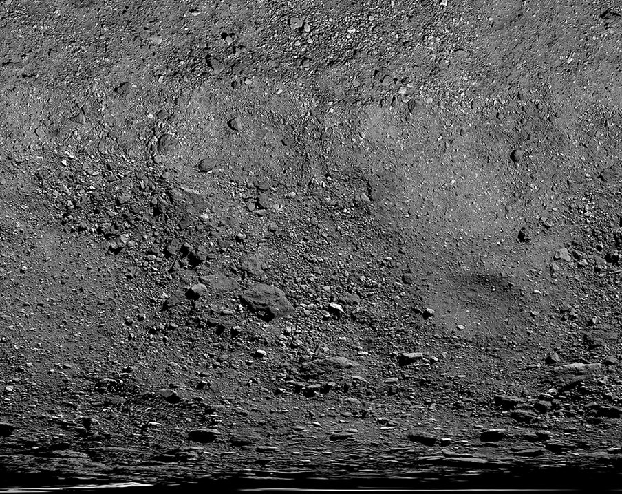 Ingezoomde opname van het oppervlak van asteroïde Bennu