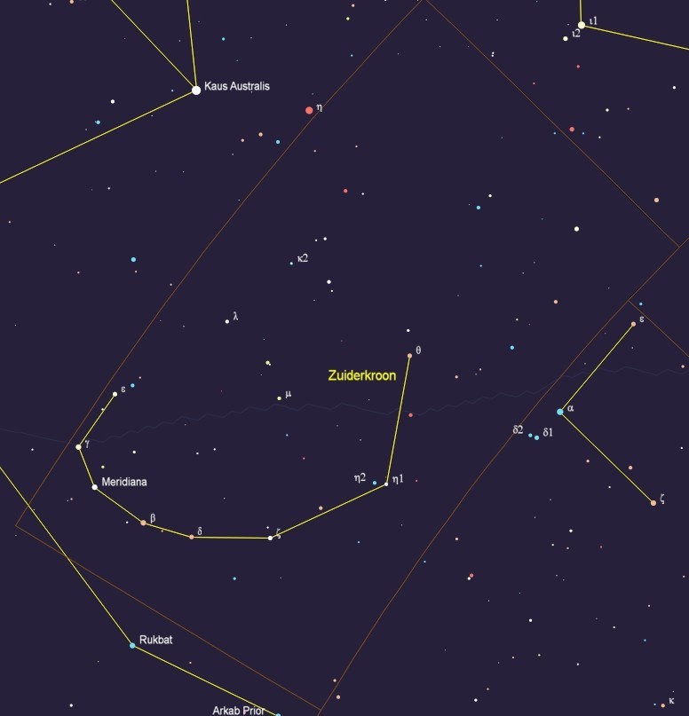 Het sterrenbeeld Corona Australis - Zuiderkroon met de namen van de sterren