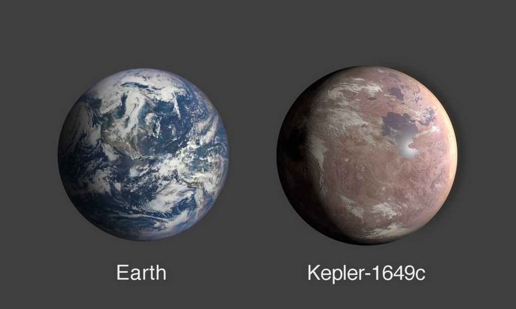 Vergelijking tussen de Aarde en de exoplaneet Kepler-1649c