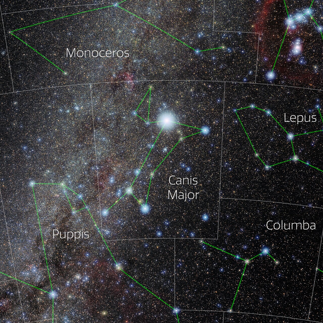 Foto van het sterrenbeeld Canis Major - Grote Hond met annotaties van de IAU en Sky & Telescope.