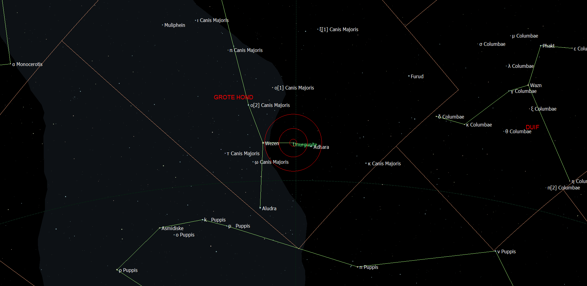 De positie van Unurgunity - sigma Canis Majoris in het sterrenbeeld Grote Hond - Canis Major.