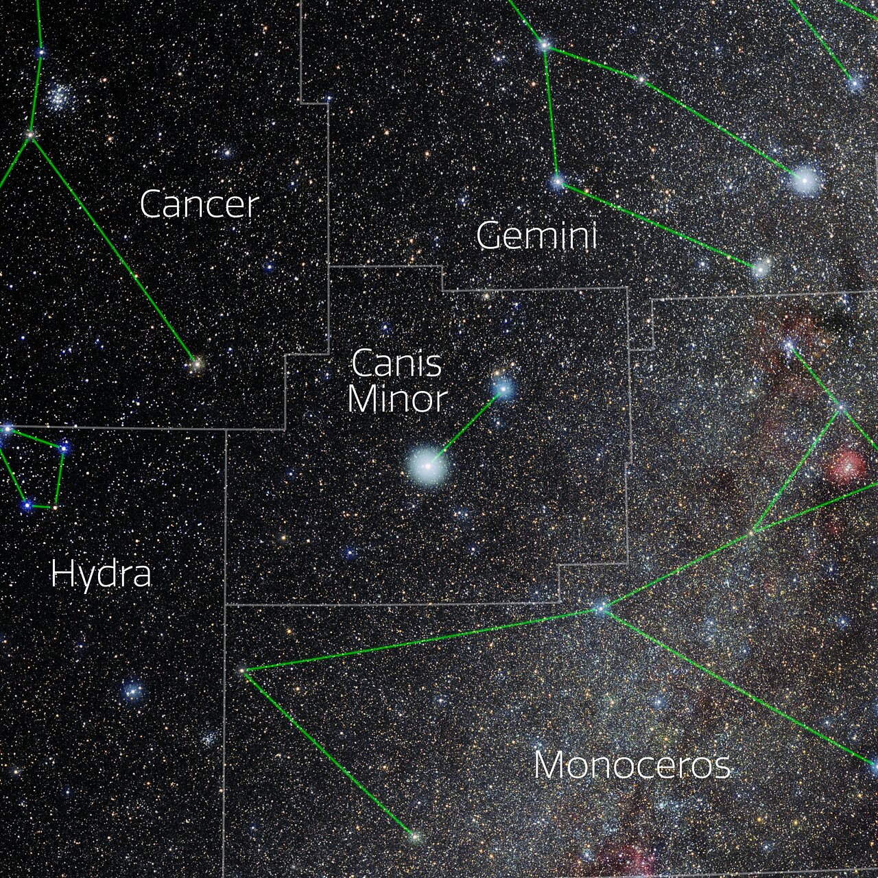 Foto van het sterrenbeeld Canis Minor - Kleine Hond met annotaties van de IAU en Sky & Telescope.