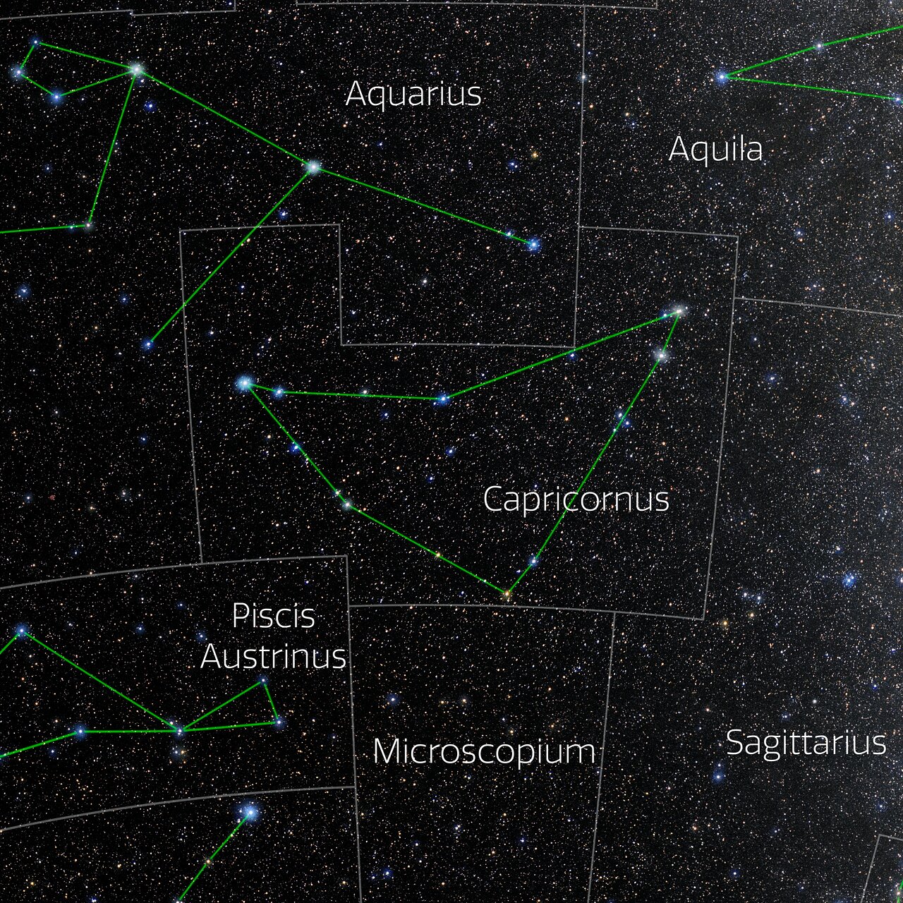 Foto van het sterrenbeeld Capricornus - Steenbok met annotaties van de IAU en Sky & Telescope.
