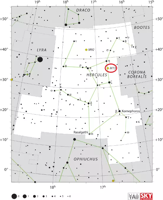 De locatie van Messier 13 in het sterrenbeeld Hercules.