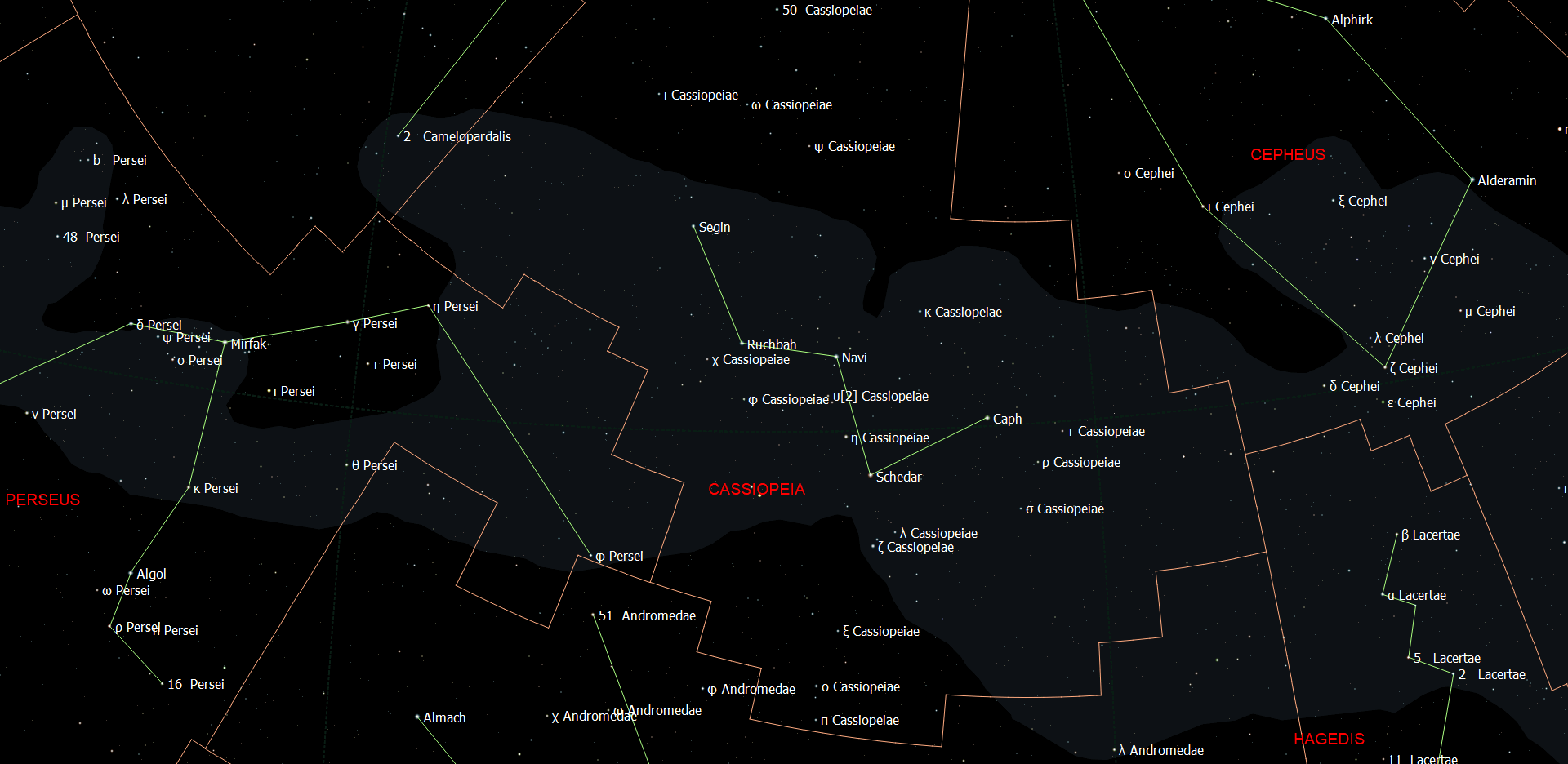 Kaart van het sterrenbeeld Cassiopeia met de namen van de sterren.