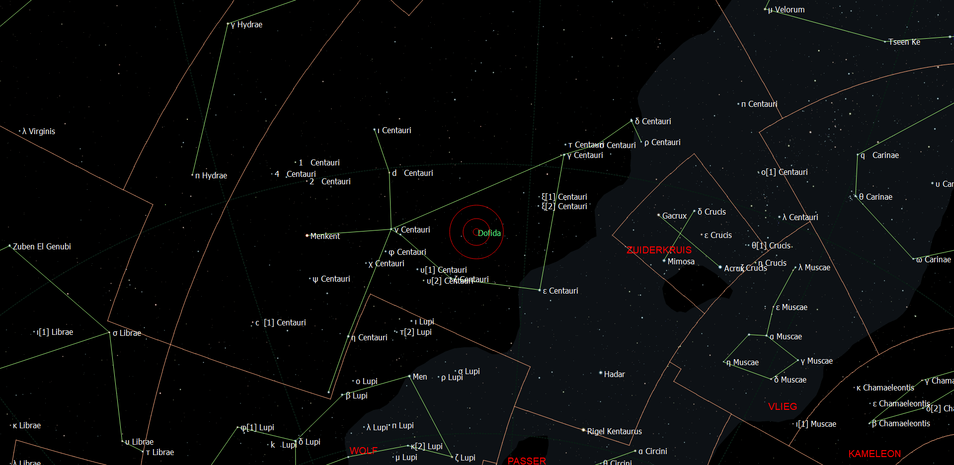 De positie van Dofida - HD 117618 in het sterrenbeeld Centaurus.