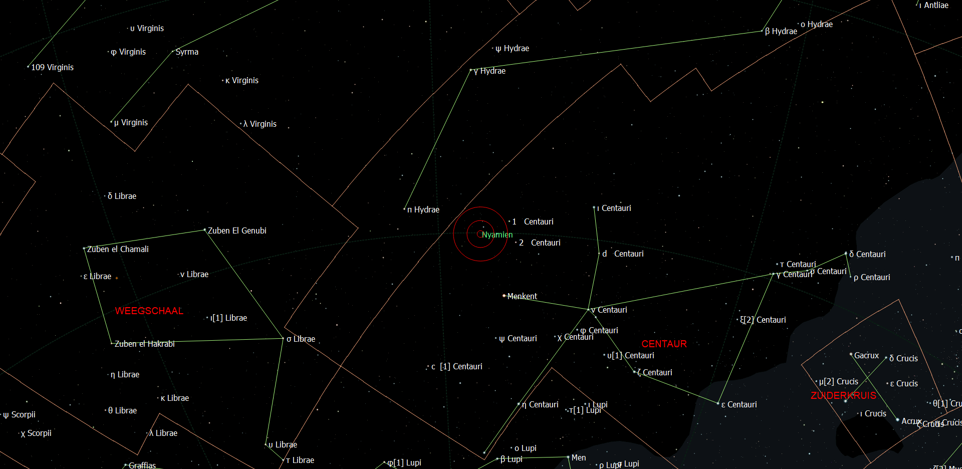 De positie van Nyamien - WASP-15 in het sterrenbeeld Centaurus.