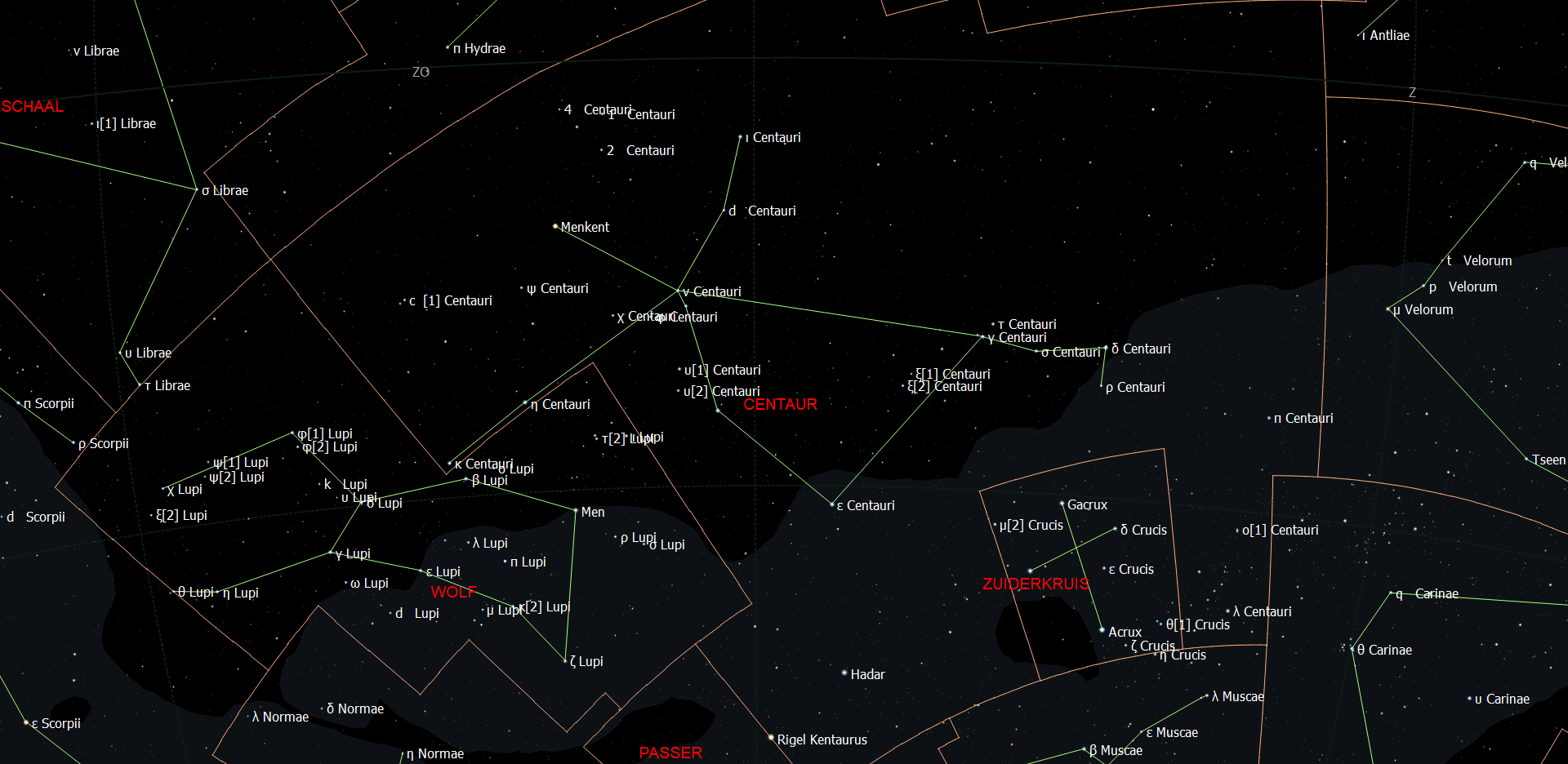 Kaart van het sterrenbeeld Centaurus met de namen van de sterren.