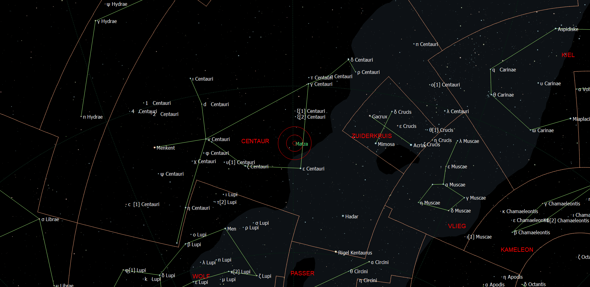 De positie van Matza in het sterrenbeeld Centaurus.