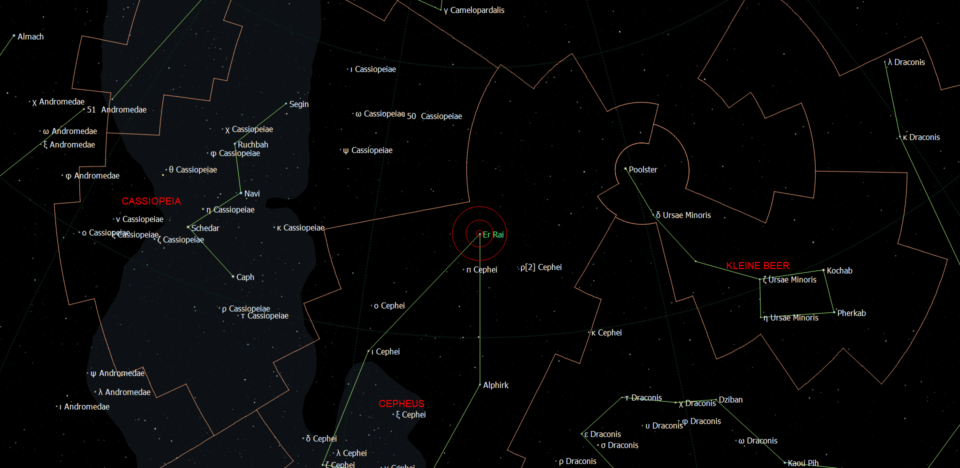 De positie van Er rai in het sterrenbeeld Cepheus.
