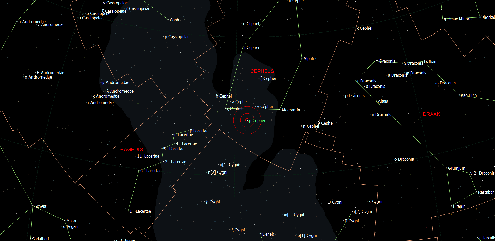 De positie van µ Cephei in het sterrenbeeld Cepheus.