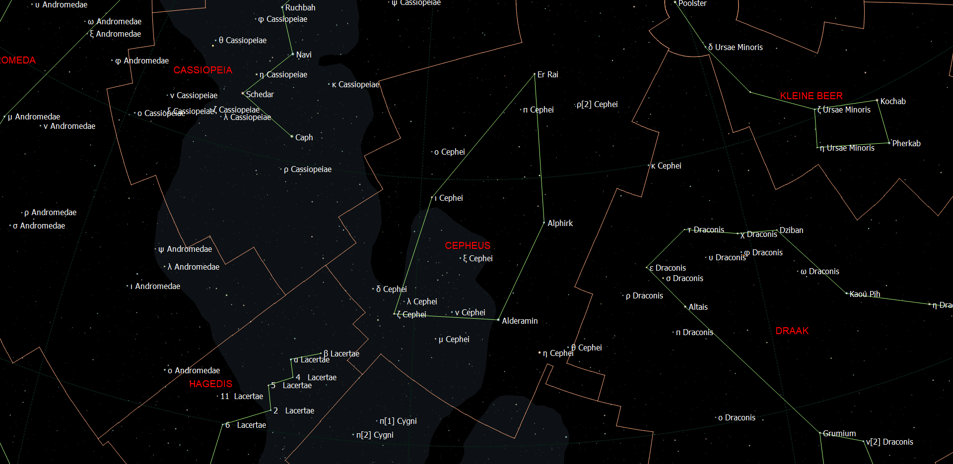 Kaart van het sterrenbeeld Cepheus met de namen van de sterren.