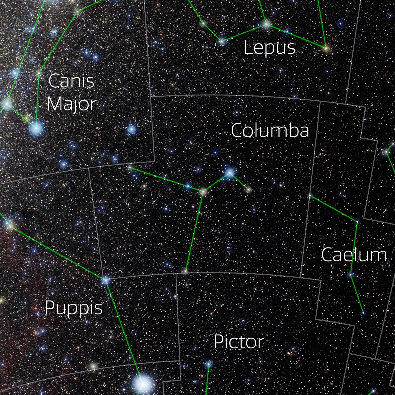Foto van het sterrenbeeld Columba - Duif met annotaties van de IAU en Sky & Telescope.