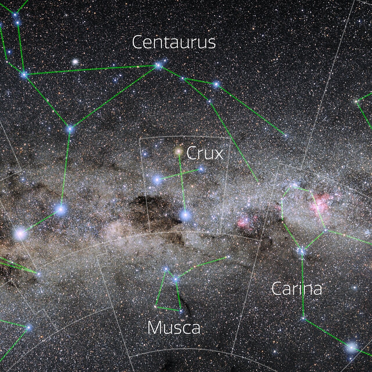 Foto van het sterrenbeeld Crux - Zuiderkruis met annotaties van de IAU en Sky & Telescope.