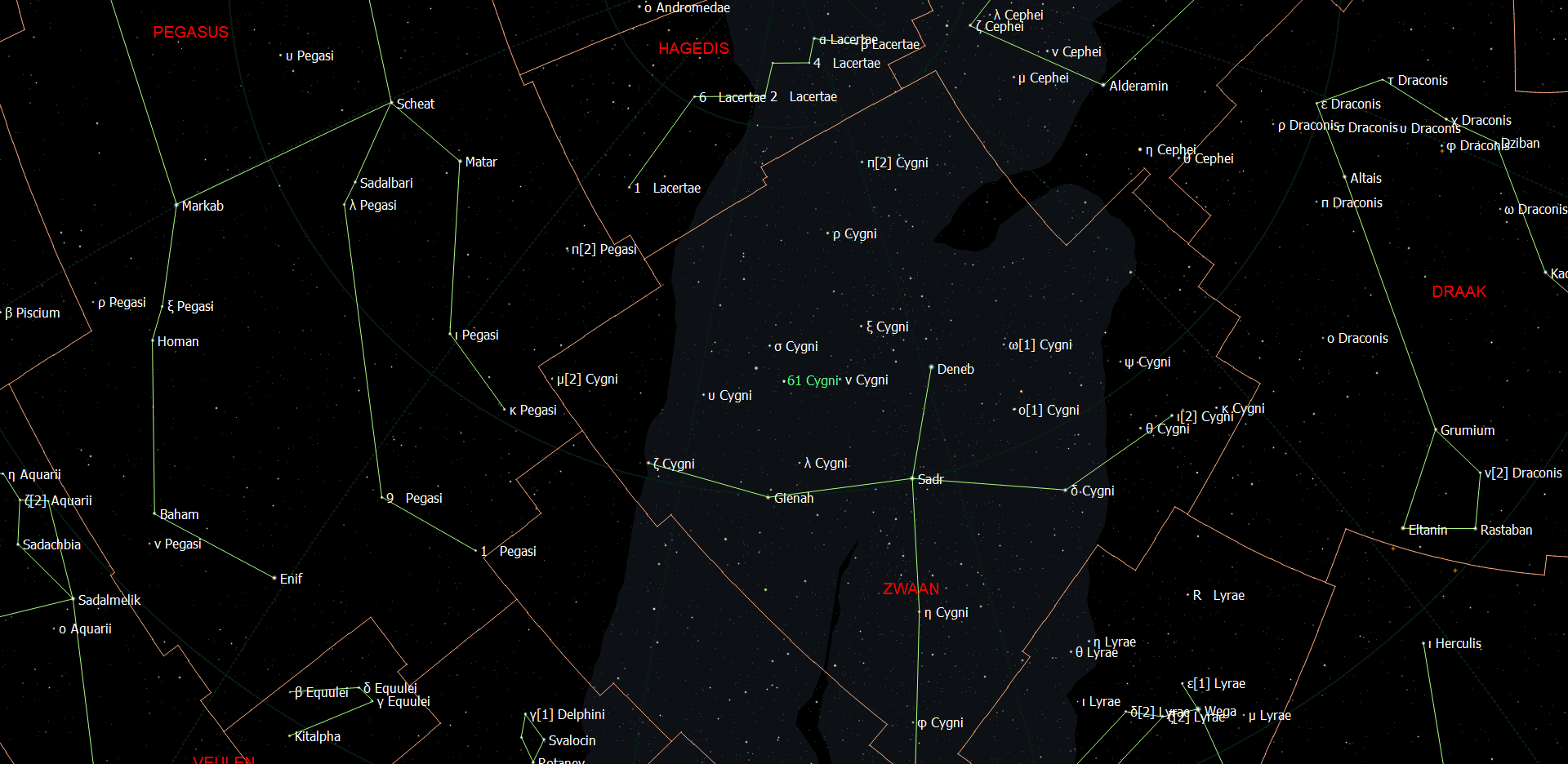 Positie van de Ster van Bessel - 61 Cygni in het sterrenbeeld Cygnus - Zwaan.
