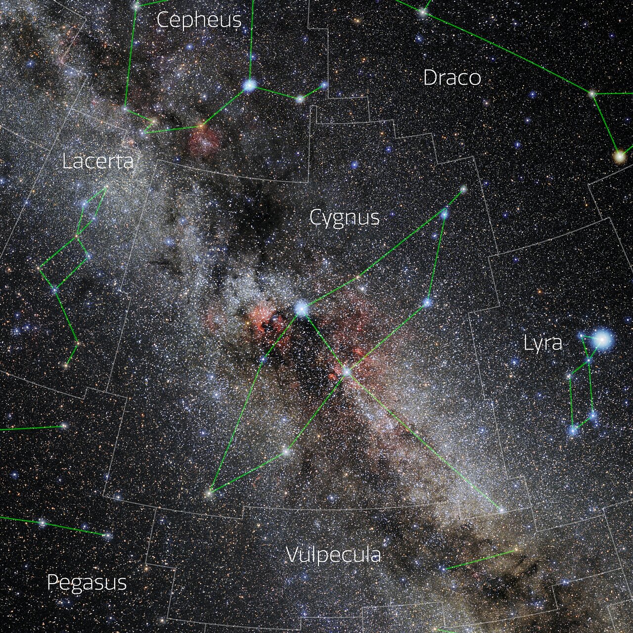 Foto van het sterrenbeeld Cygnus - Zwaan met annotaties van de IAU en Sky & Telescope.