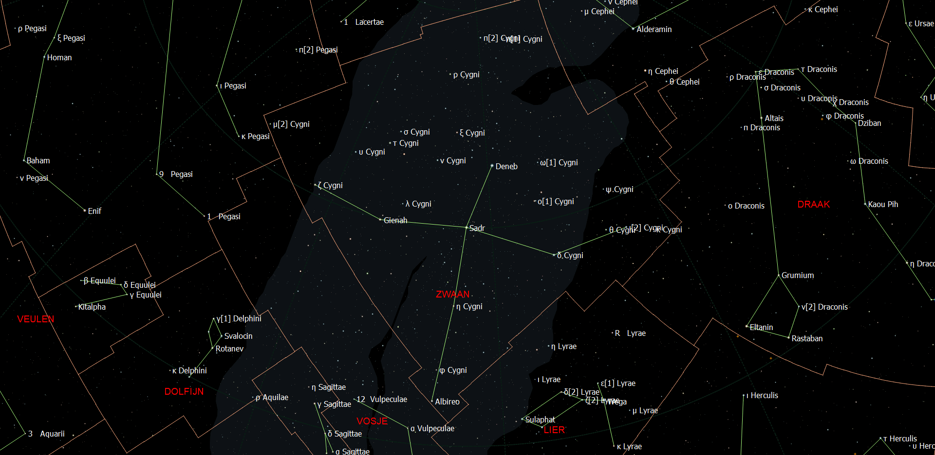 Kaart van het sterrenbeeld Cygnus - Zwaan met de namen van de sterren.
