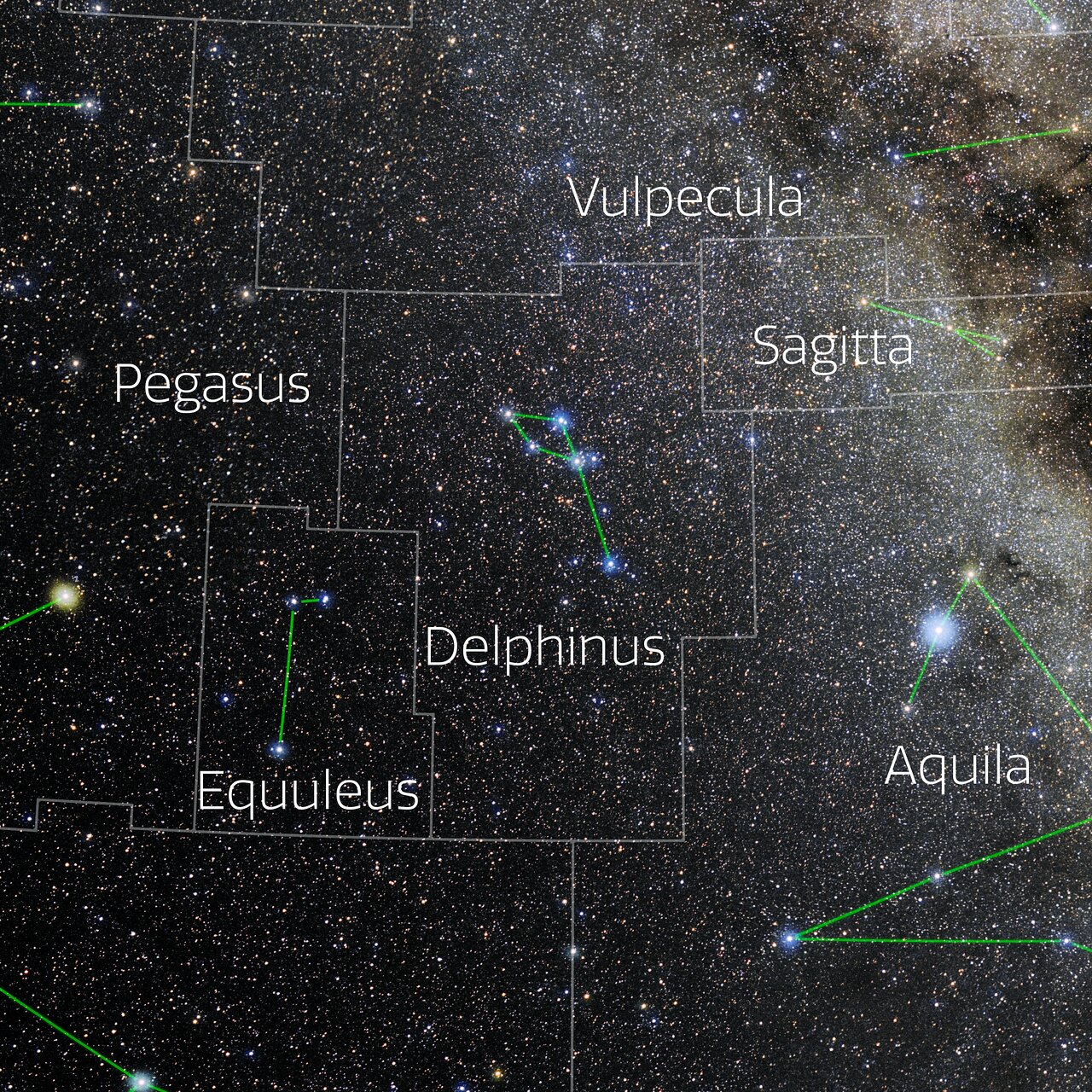 Foto van het sterrenbeeld Delphinus - Dolfijn met annotaties van de IAU en Sky & Telescope.