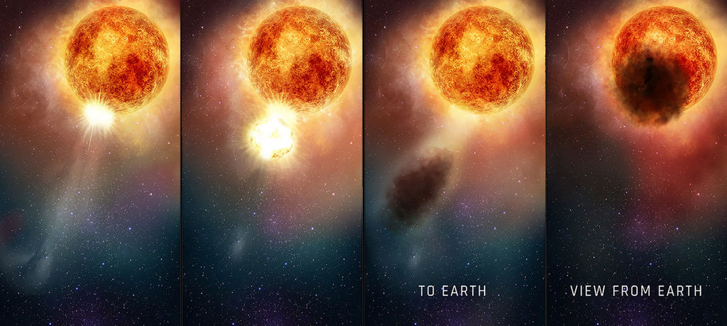 Deze vier afbeeldingen tonen de ontwikkeling van de stofwolk bij Betelgeuze