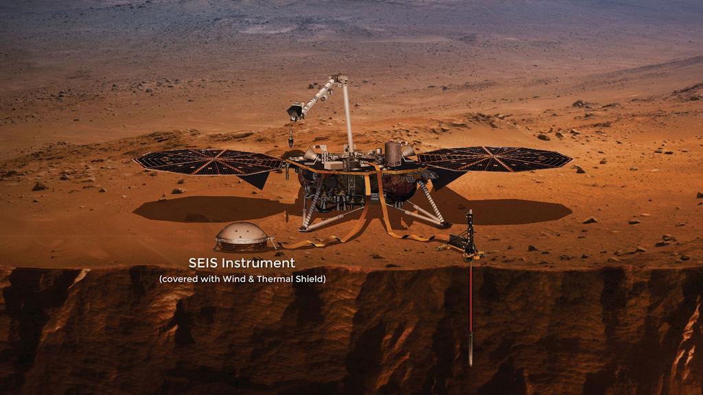 Artist impression van de InSight op Mars met op de voorgrond de seismometer