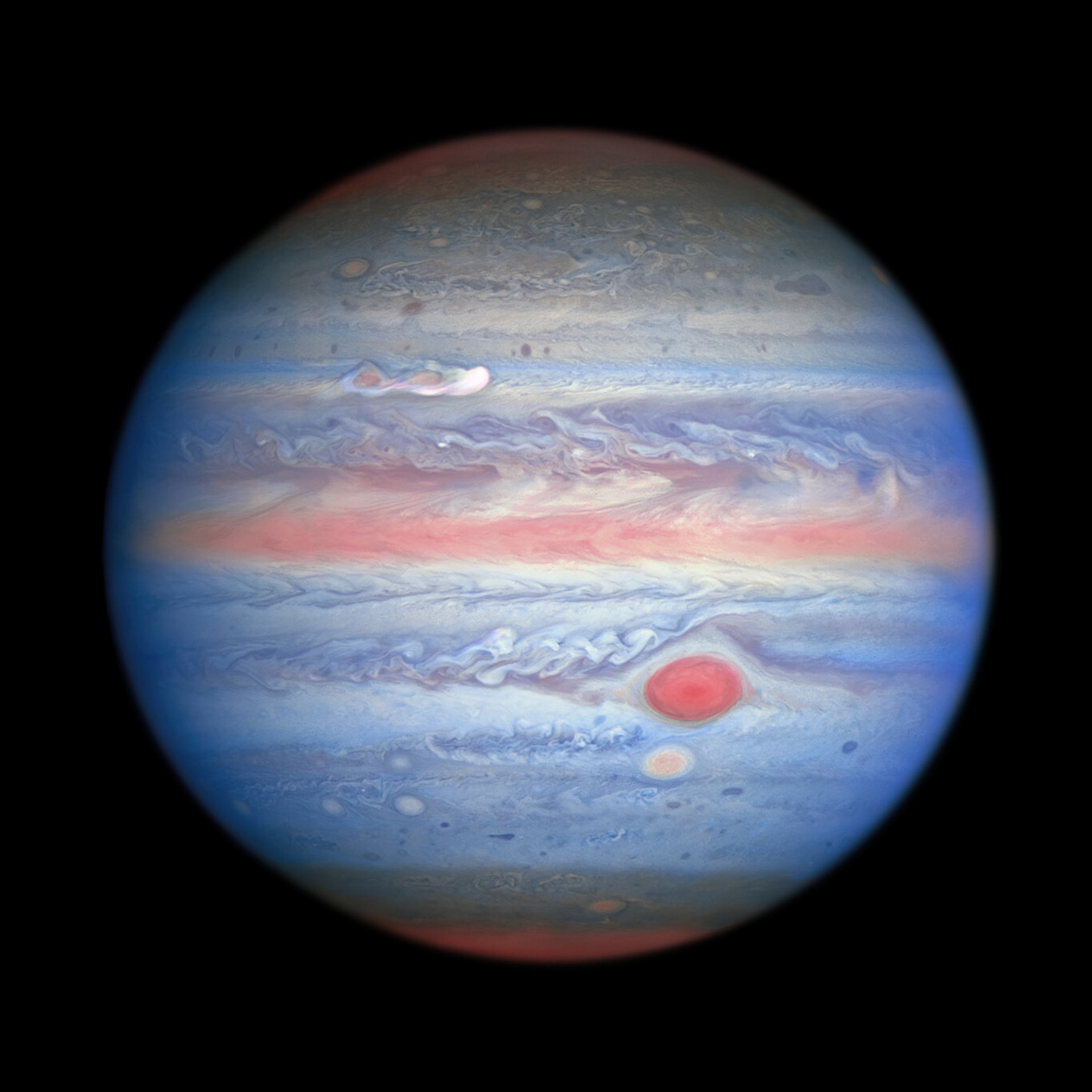 Foto van Jupiter op verschillende golflengtes gemaakt op 25 augustus 2020 door de Hubble Space Telescope