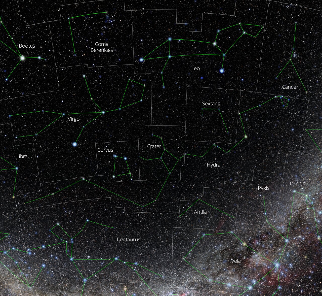 Foto van het sterrenbeeld Hydra - Waterslang met annotaties van de IAU en Sky & Telescope.