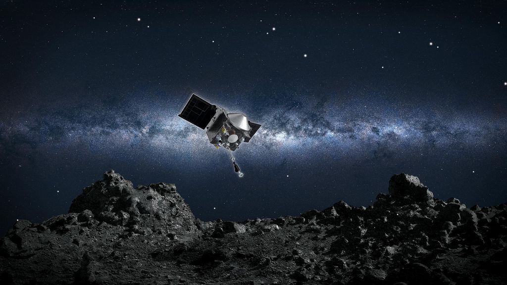 Artist impression van de OSIRIS-REx van de NASA die afdaalt naar het oppervlak van de asteroïde Bennu.