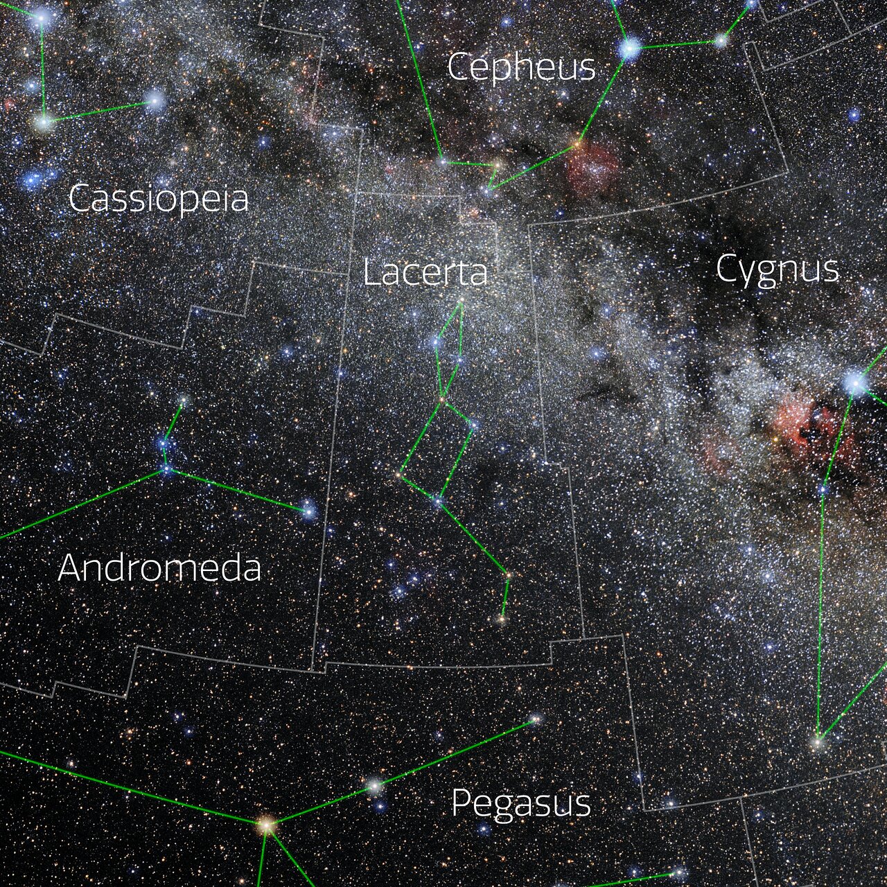 Foto van het sterrenbeeld Lacerta - Hagedis met annotaties van de IAU en Sky & Telescope.