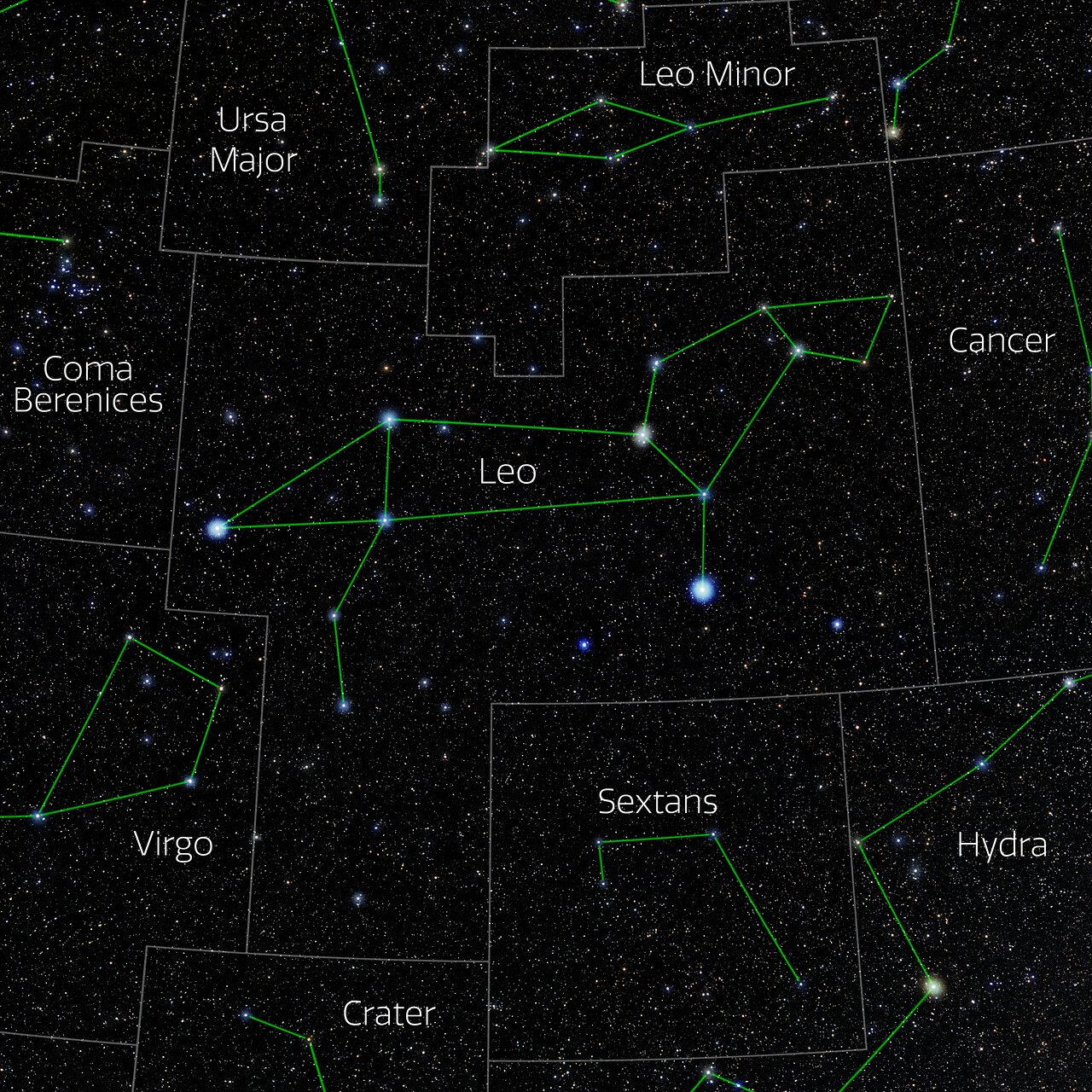 Foto van het sterrenbeeld Leo - Leeuw met annotaties van de IAU en Sky & Telescope.
