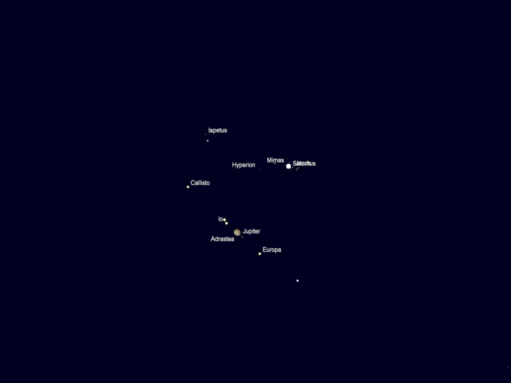 Telescoopbeeld van de samenstand tussen Jupiter en Saturnus op 21 december 2020