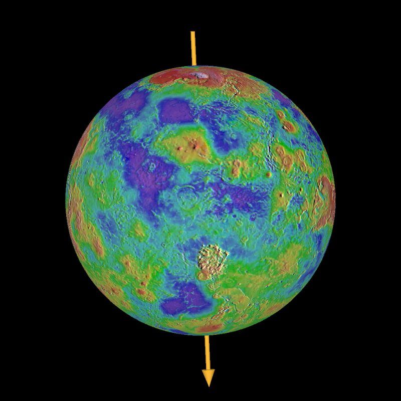 De topografie van Venus met de kanteling van de as