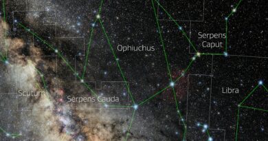 Foto van het sterrenbeeld Ophiuchus - Slangendrager met annotaties van de IAU en Sky & Telescope.