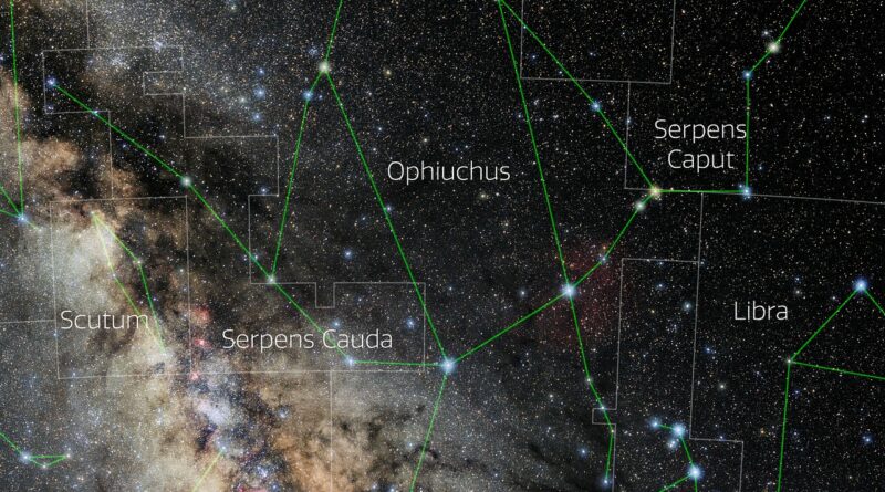 Foto van het sterrenbeeld Ophiuchus - Slangendrager met annotaties van de IAU en Sky & Telescope.