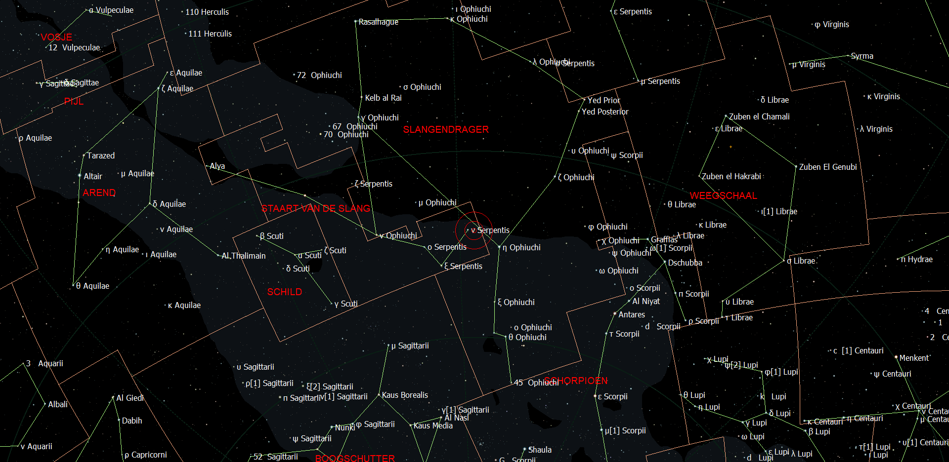Kaart van het sterrenbeeld Ophiuchus - Slangendrager met de namen van de sterren.