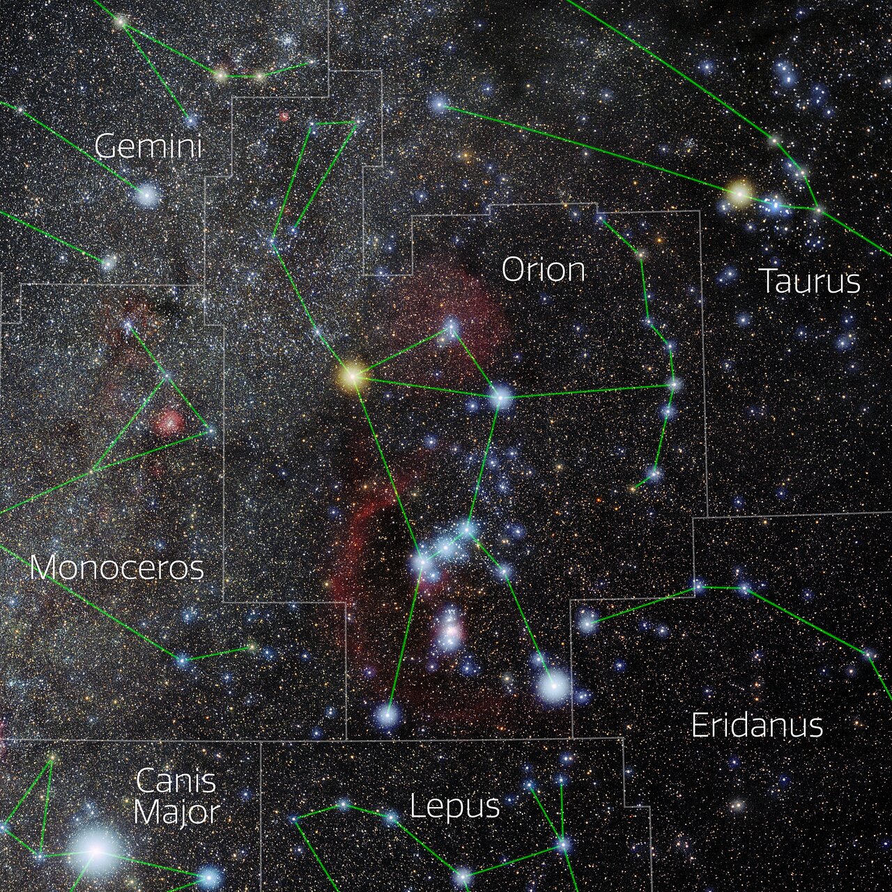 Foto van het sterrenbeeld Orion met annotaties van de IAU en Sky & Telescope.