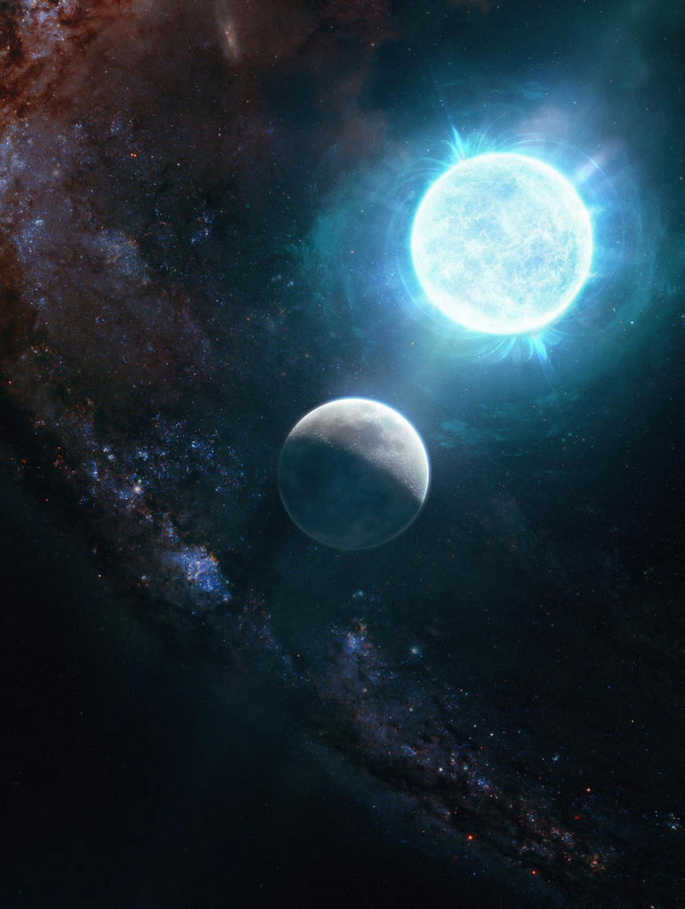 Deze afbeelding toont de witte dwerg ZTF J190132.9+145808.7 en onze Maan